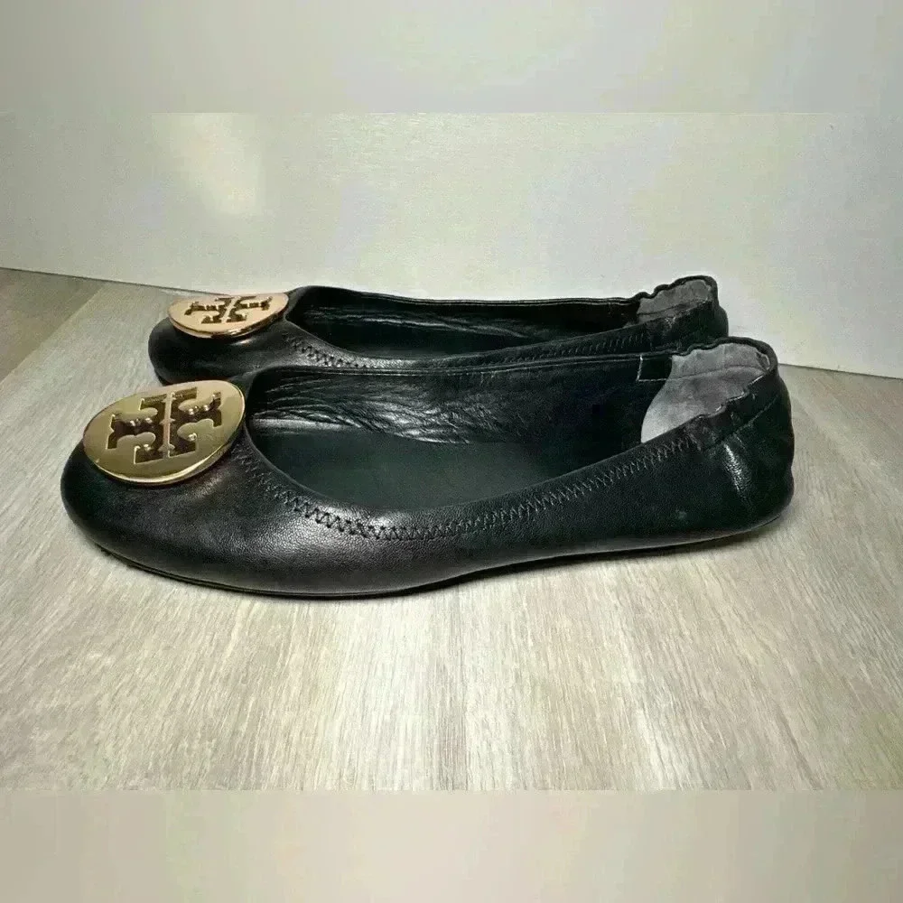 5. TORY BURCH Reva black leather gold metal logo detail ballet flats shoes 8.5